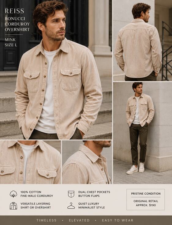 Reiss Other - Quiet Luxury Minimalist Corduroy Overshirt REISS Bonucci Mink Cozy Men’s Large